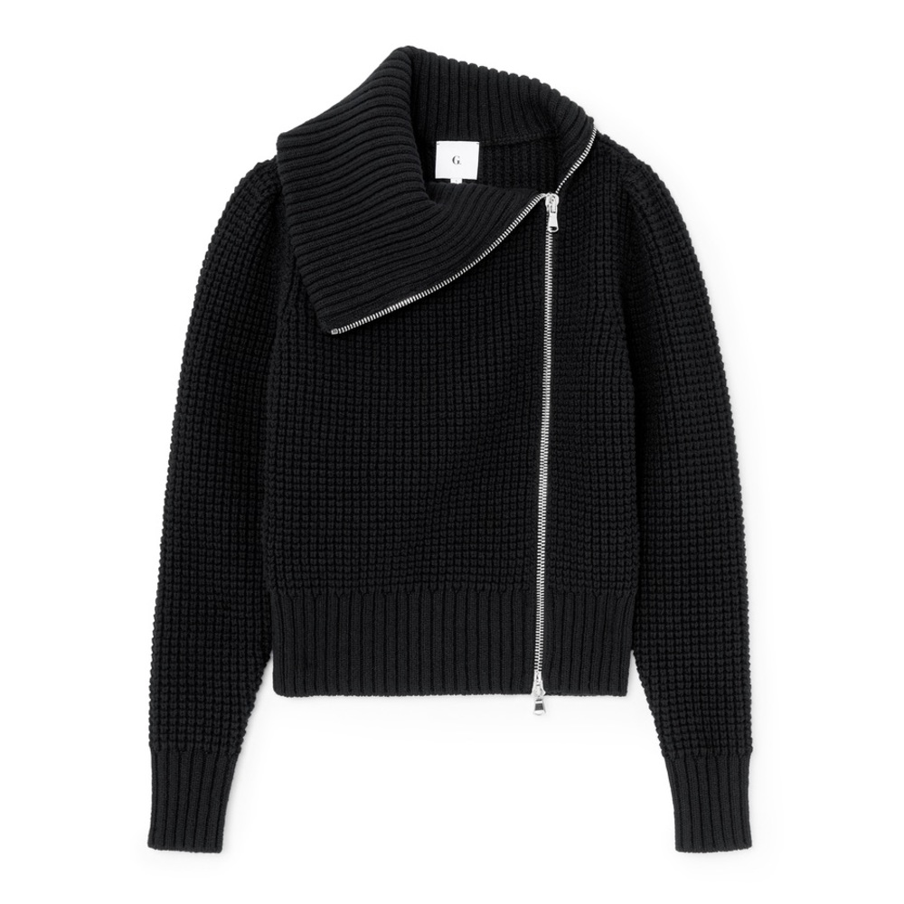 GWYN Chiara Merino Wool Side Zip Waffle Knit Sweater in Black